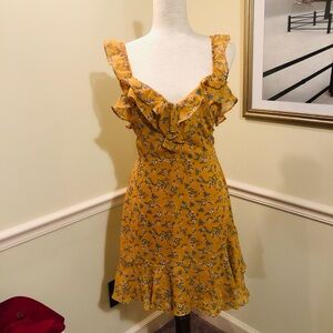 Lulu's Mustard Floral Ruffle Mini Dress
